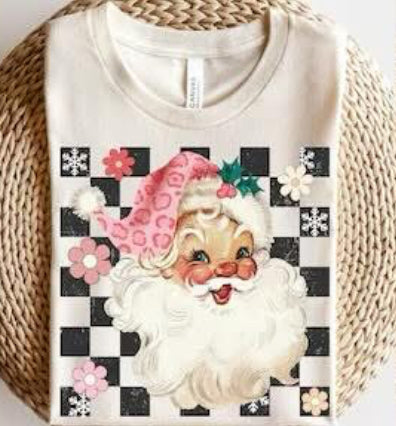 Checkered Santa Pink Leopard Long Sleeve/Bella/3501