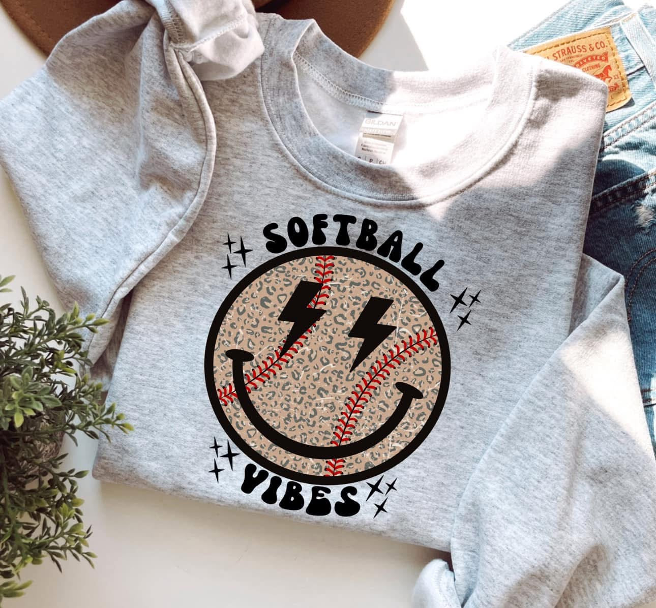 Softball Vibes Leopard Smiley Gildan Sweatshirt 18000