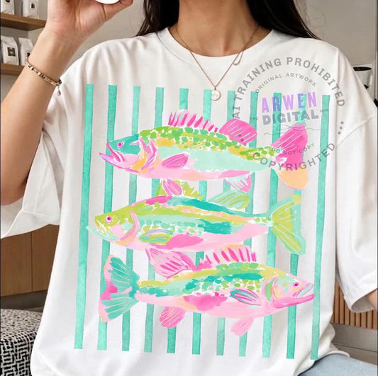 Coastal Watercolor Fish & Stripes Short Sleeve/Comfort Color 3023CROP