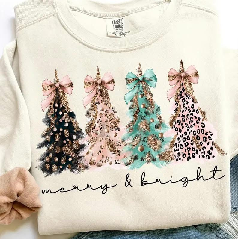 Leopard Christmas Trees Merry and Bright Softstyle Sweatshirt/Gildan/SF000