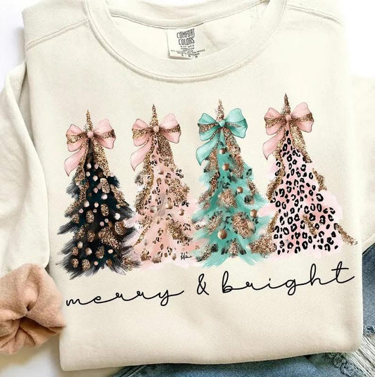 Leopard Christmas Trees Merry and Bright Softstyle Sweatshirt/Gildan/SF000