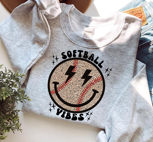 Softball Vibes Leopard Smiley Gildan Sweatshirt 18000