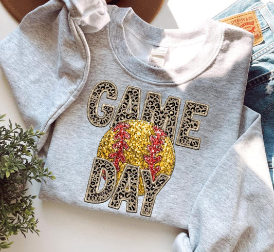 Softball Game Day Leopard Gildan Sweatshirt 18000