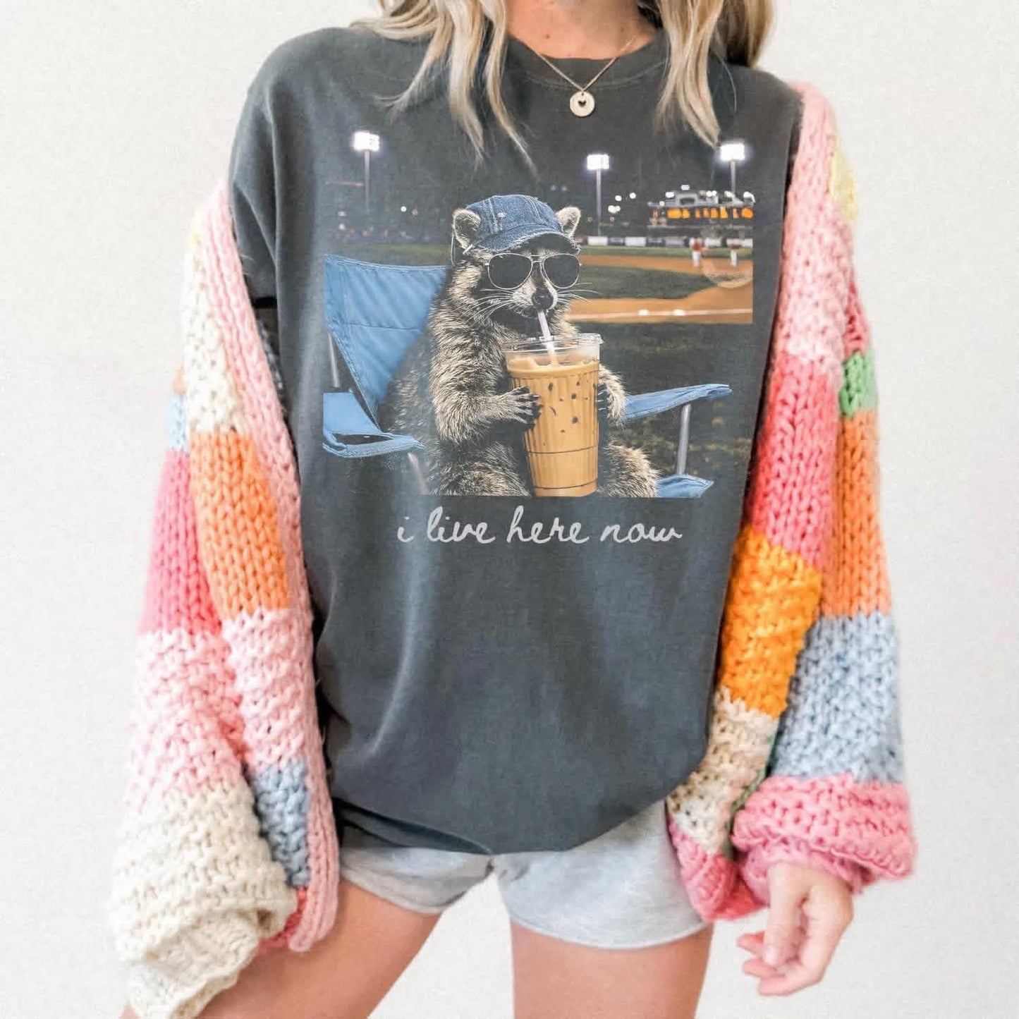 I Live Here Now Raccoon Baseball Short Sleeve/Comfort Color/1717