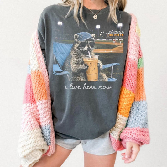 I Live Here Now Raccoon Baseball Short Sleeve/Comfort Color/1717